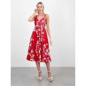 Marella by Max Mara Red Floral Midi Dress Womens Size 8‎ Designer Sundress NEW